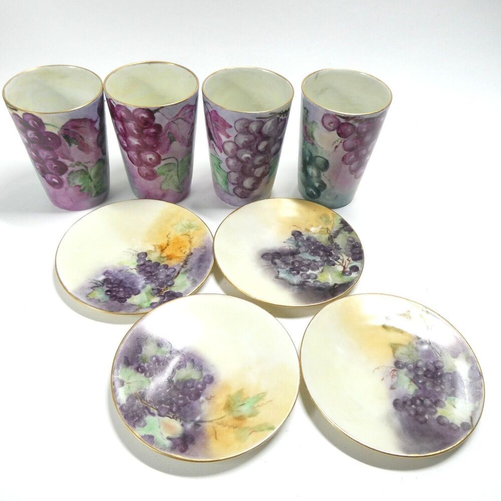 Bavaria Purple Grape Handpainted Set - 4 Tumbler Cups & Saucer Plates Vintage
